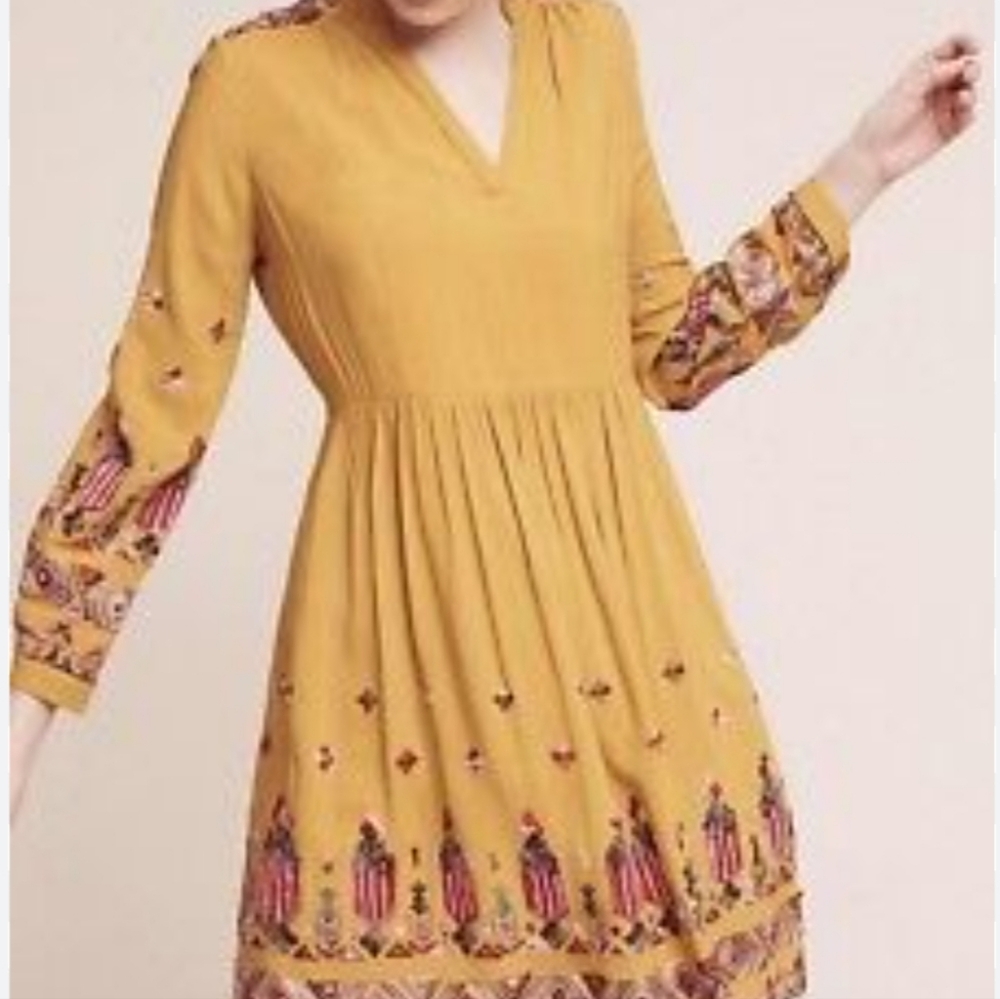 Anthropologie Floreat Raella Yellow Boho Embroidered Floral Tribal Dress Size S